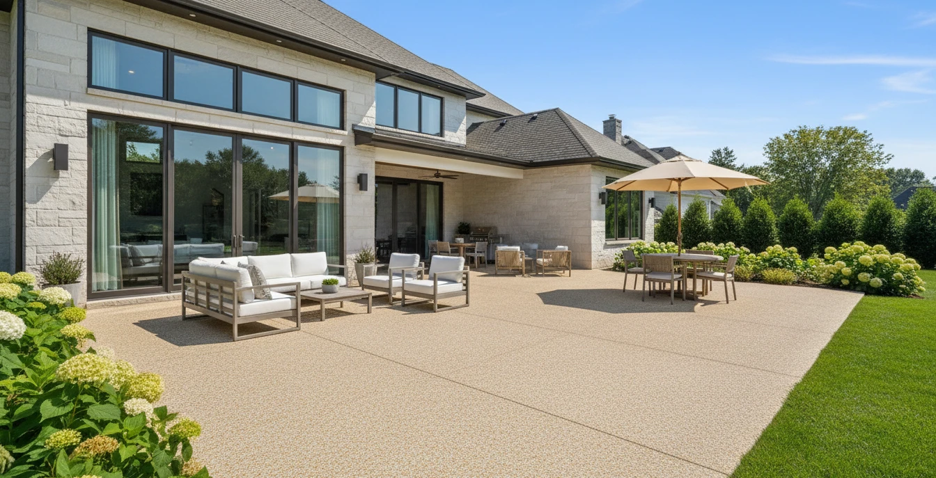 Pool deck and patio with textured concrete coating in earth tones
